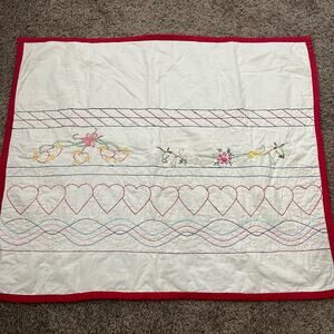 Vintage Hand Embroidered Baby Child's Quilt Blanket Red Hearts Hummingbird